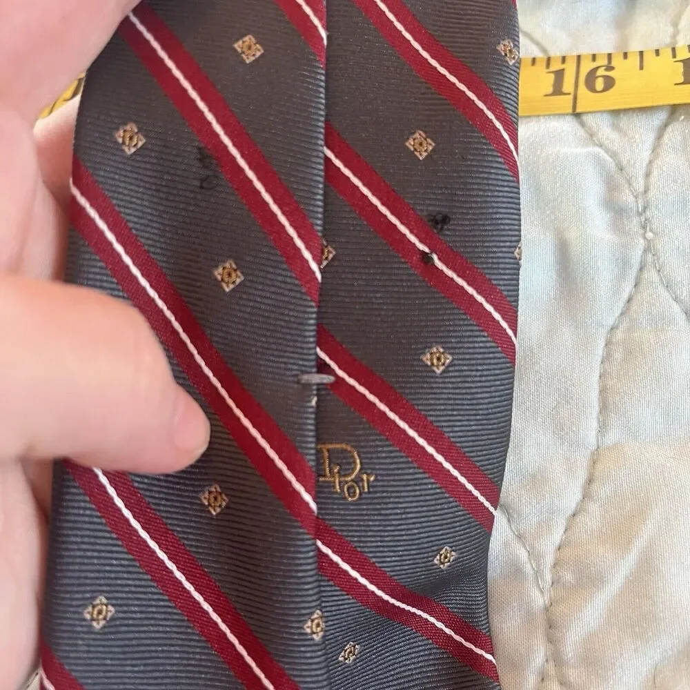 Christian Dior Paris New York 100% Silk Neck Tie Red Pewter Diagonal Stripe EUC
